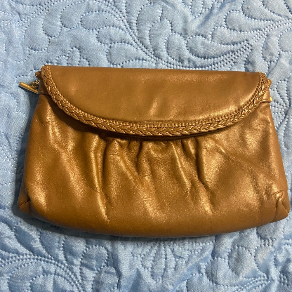 MORRIS MOSKOWITZ Nude-Brown Braided Trim Leather Clutch